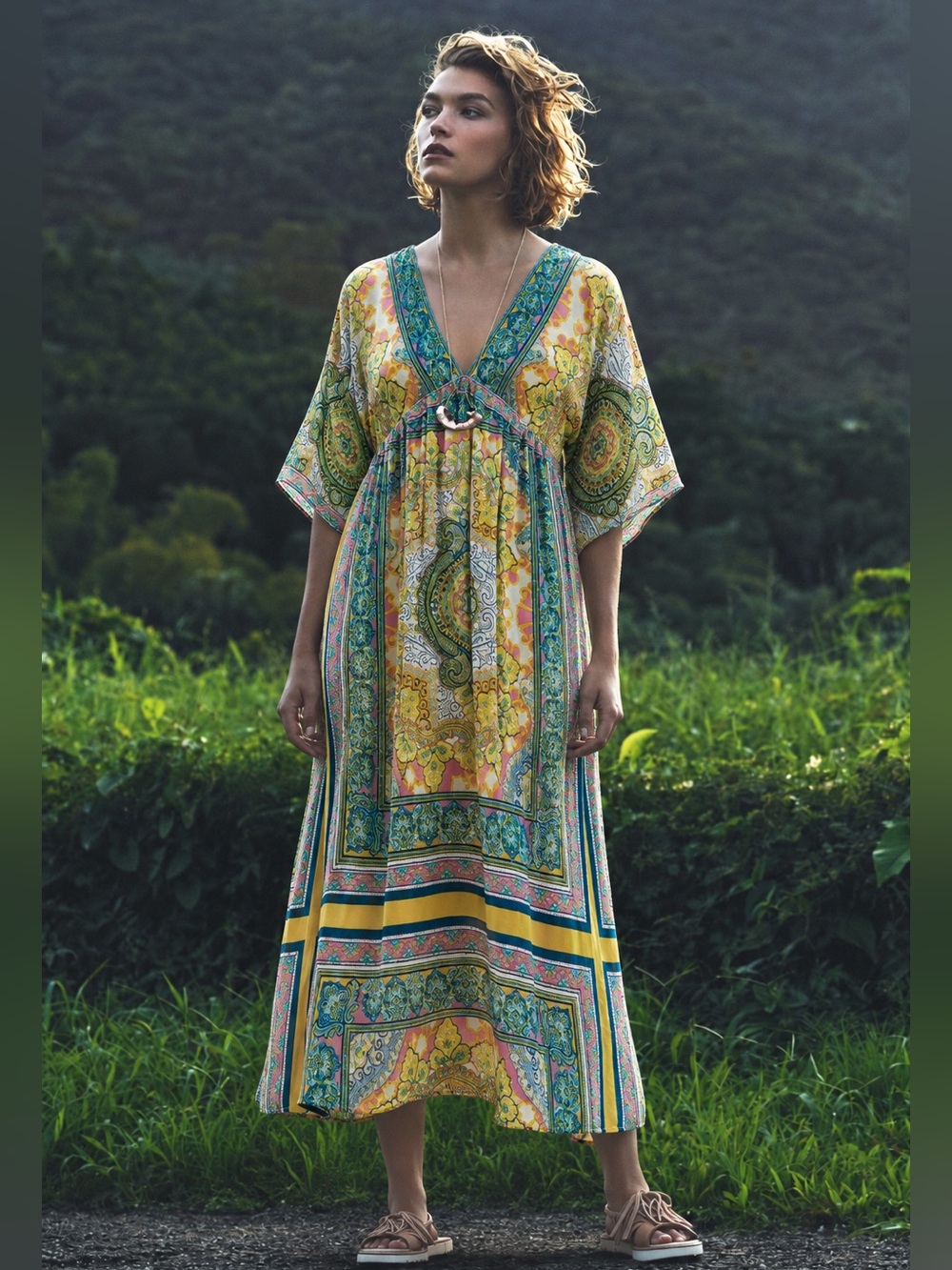 SUNDANCE: Satin/Poly Mixed Print Dress